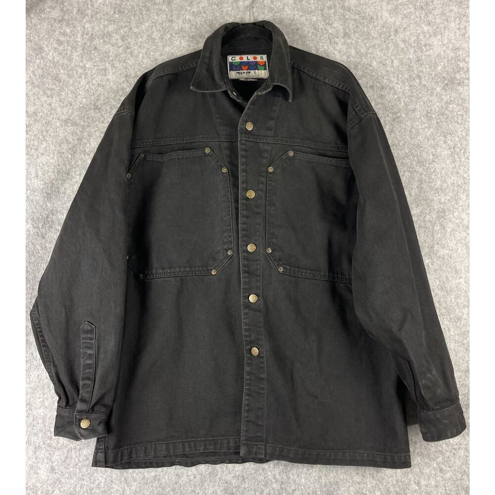 VTG Color Street Denim Jacket Shacket Men XL Black Workwear Utility Grunge Heavy